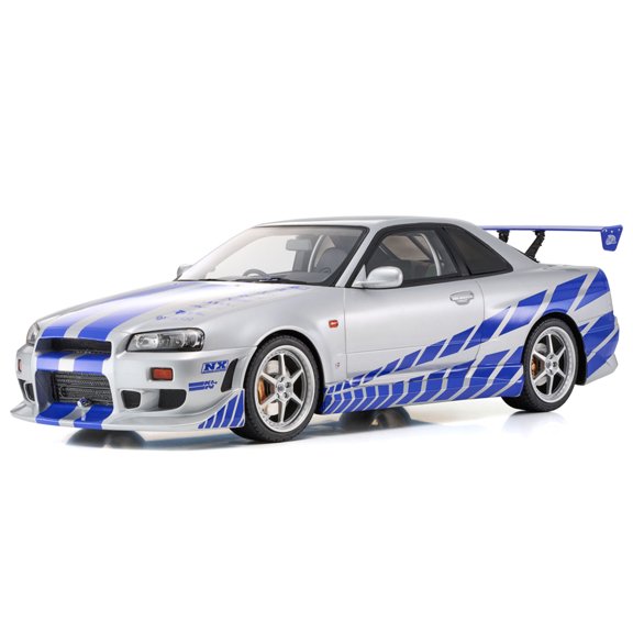 Nissan Skyline GT-R (R34) RHD Silver Metallic with Blue Graphics "2 Fast 2 Furious" (2003) Movie 1/12 Model Car by Kyosho