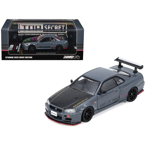 Nissan Skyline GT-R (R34) RHD Stealth Gray with Carbon Hood "GTSHOW 2025 Event Edition" 1/64 Diecast Model Car by Inno Models