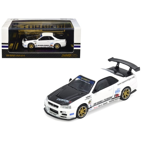 Nissan Skyline GT-R (R34) "Top Secret" RHD (Right Hand Drive) White with Carbon Hood 1/64 Diecast Model Car by Inno Models