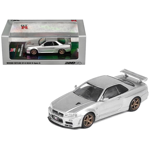 Diecast Nissan Skyline GT-R (R34) V-SPEC II RHD (Right Hand Drive) Silver Metallic 1/64 Diecast Model Car by Inno Models