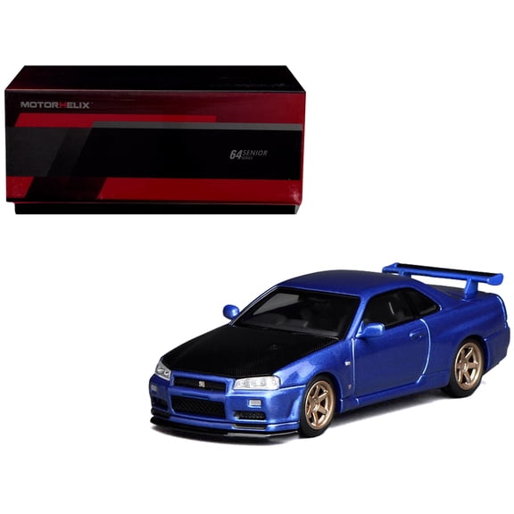 Nissan Skyline GT-R (R34) V-Spec II RHD Bayside Blue Metallic with Carbon Hood "Senior 64" 1/64 Diecast Model Car by MotorHelix