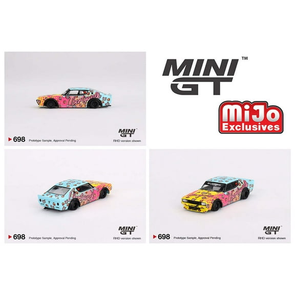 Nissan Skyline Kenmeri "Liberty Walk" RHD "KUMA" Light Blue and Yellow with Graphics Ltd Ed 1/64 Diecast Model Car by Mini GT