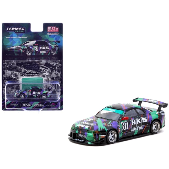 Nissan Skyline (R32) Widebody RHD #87 "HKS" Black with Graphics with Tarmac Cards 1/64 Diecast Model Car by Tarmac Works