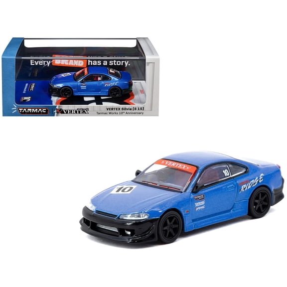 Nissan Vertex Silvia (S15) RHD #10 "Tarmac Works 10th Anniversary" Blue Metallic 1/64 Diecast Model Car by Tarmac Works
