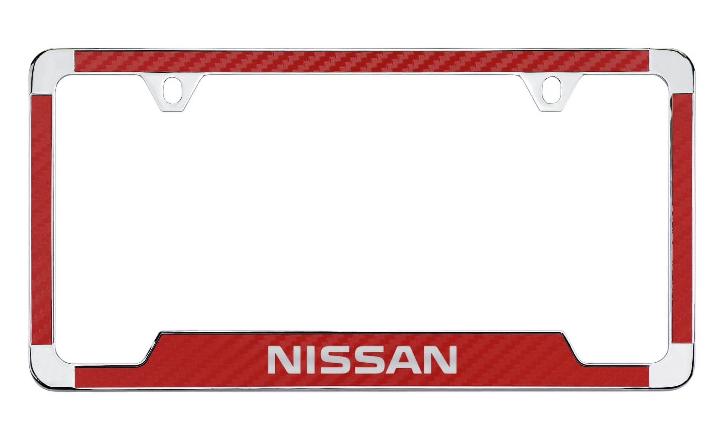 Nissan wordmark red carbon fiber inlay zinc metal license frame holder 2 hole