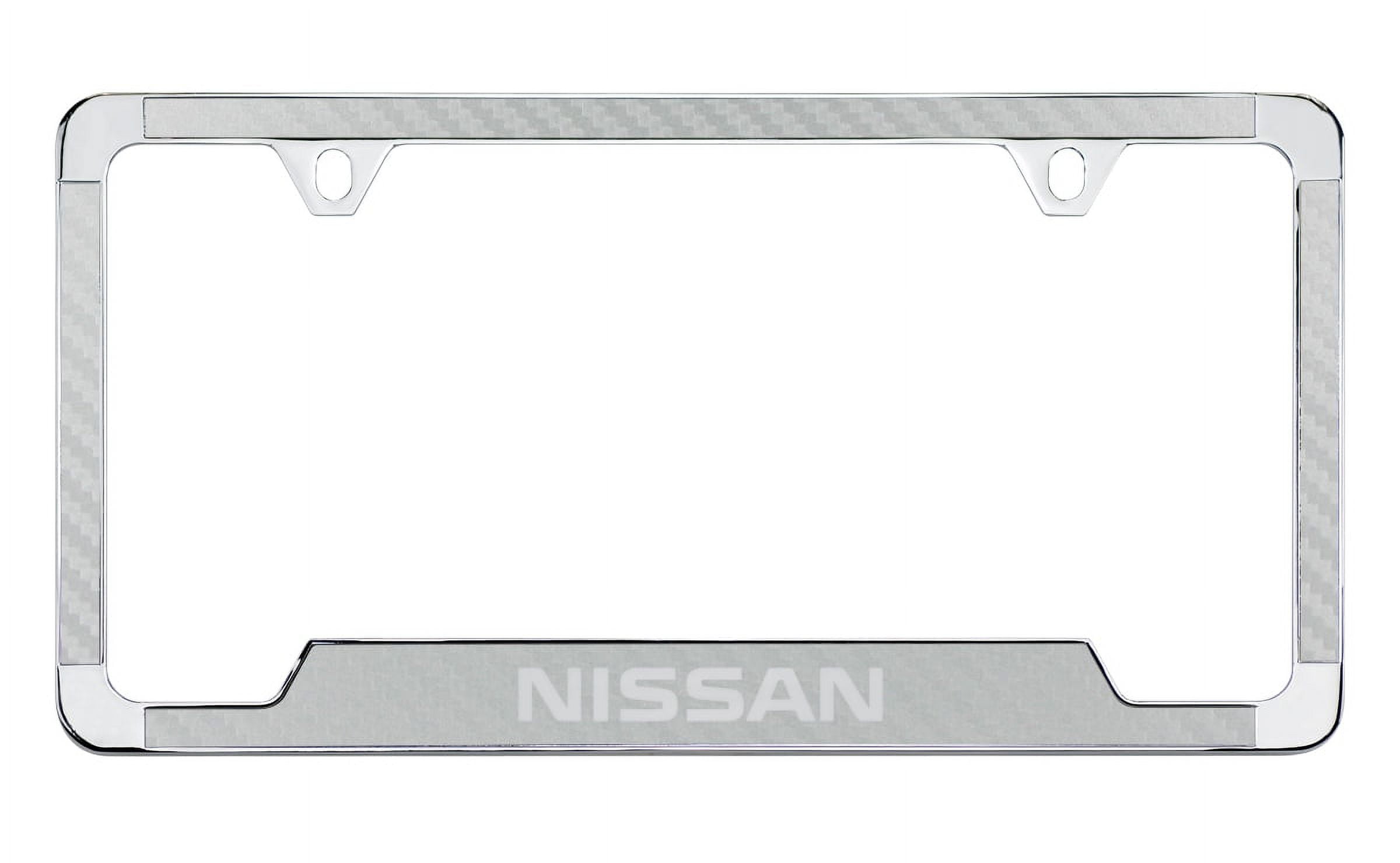 Nissan wordmark silver carbon fiber inlay zinc metal license frame holder 2 hole
