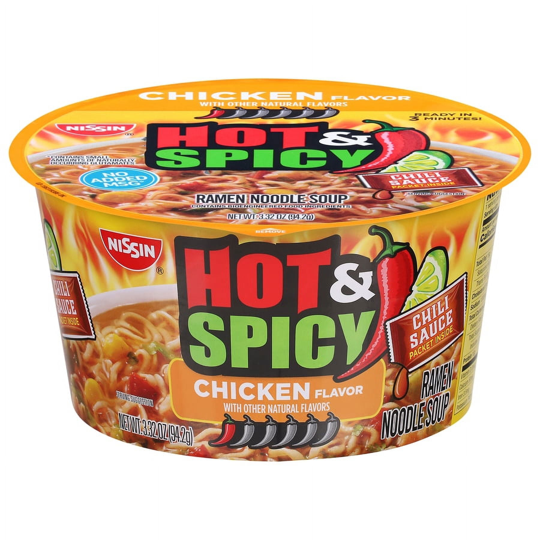 Nissin Bowl Noodles Hot & Spicy Chicken Flavor Ramen Noodle Soup, 3.32