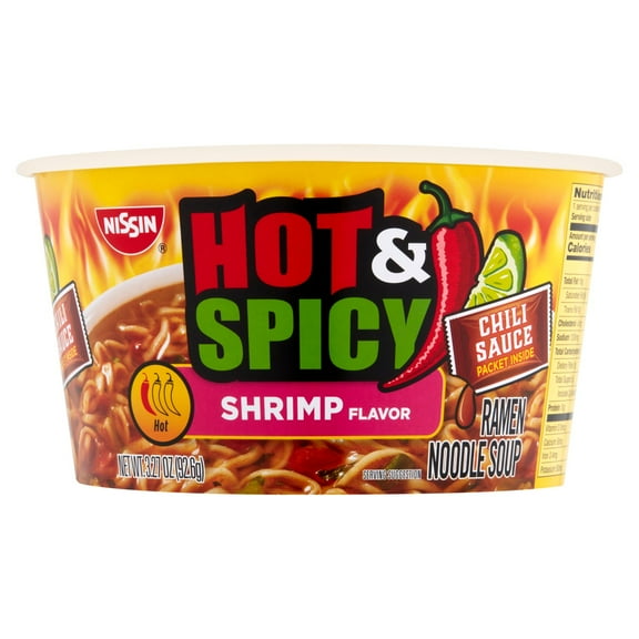 Nissin Bowl Noodles Ramen Noodle Soup Hot & Spicy With Shrimp Flavor 3.27 oz