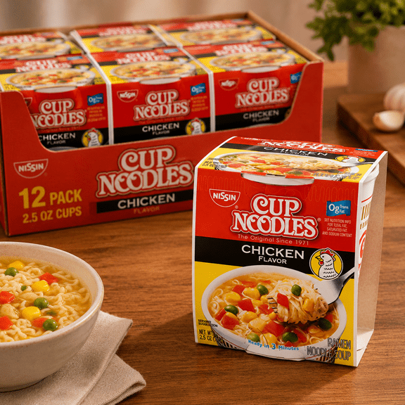 Nissin Cup Noodles Chicken Flavor Instant Ramen Noodle Soup, 2.5 oz Cups, 12 Count