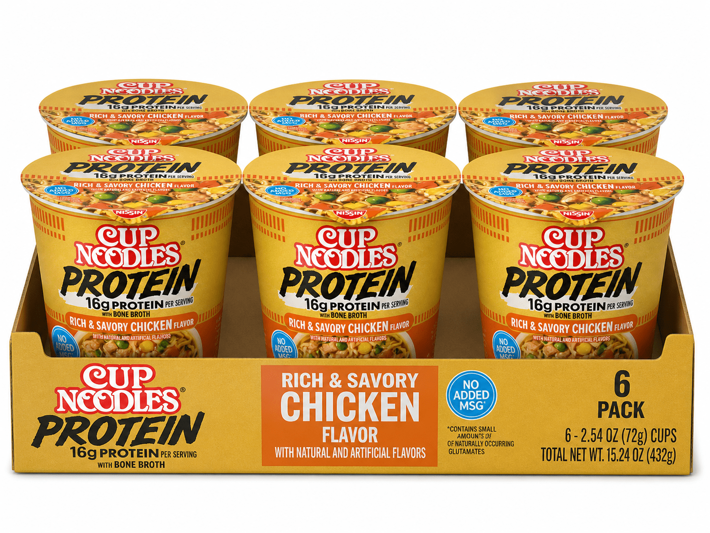 Nissin Cup Noodles Protein Chicken Flavor 2.54 oz Cups, 6 Pack 16g Protein Instant Ramen with Bone Broth