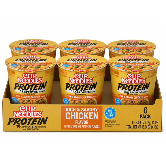 Nissin Cup Noodles Protein Chicken Flavor 2.54 oz Cups, 6 Pack 16g Protein Instant Ramen with Bone Broth