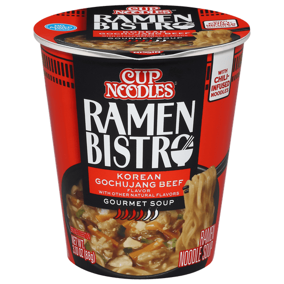 Nissin Cup Noodles Ramen Bistro Ramen Noodle Soup, Korean Gochujang Beef Flavor, 3.10 oz Cup, Shelf-Stable