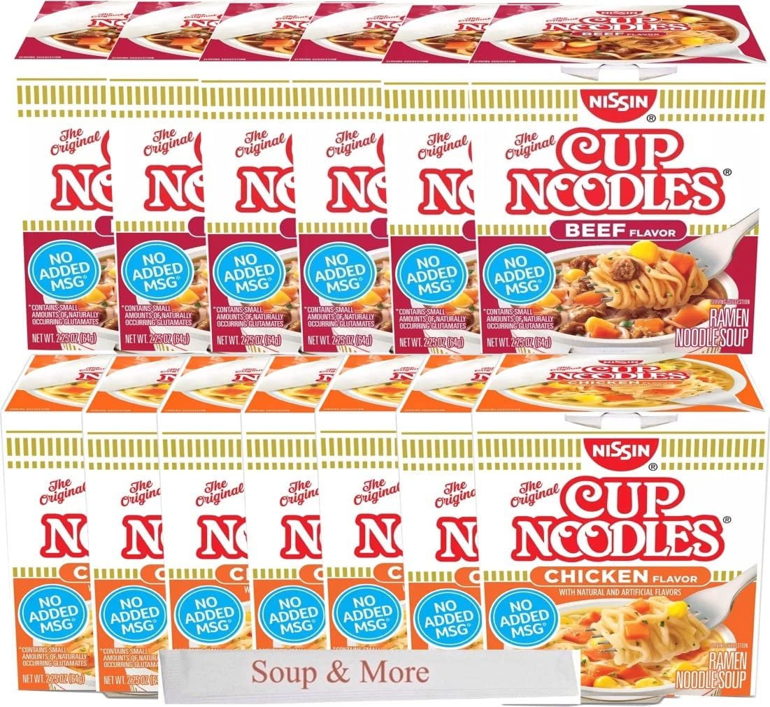 Nissin Cup Noodles Soup Instant Cup 12 Count 6 Instant Chicken Cup, 6 Instant Beef Cup, Soup Lunch / Dinner Variety, 2 Flavors