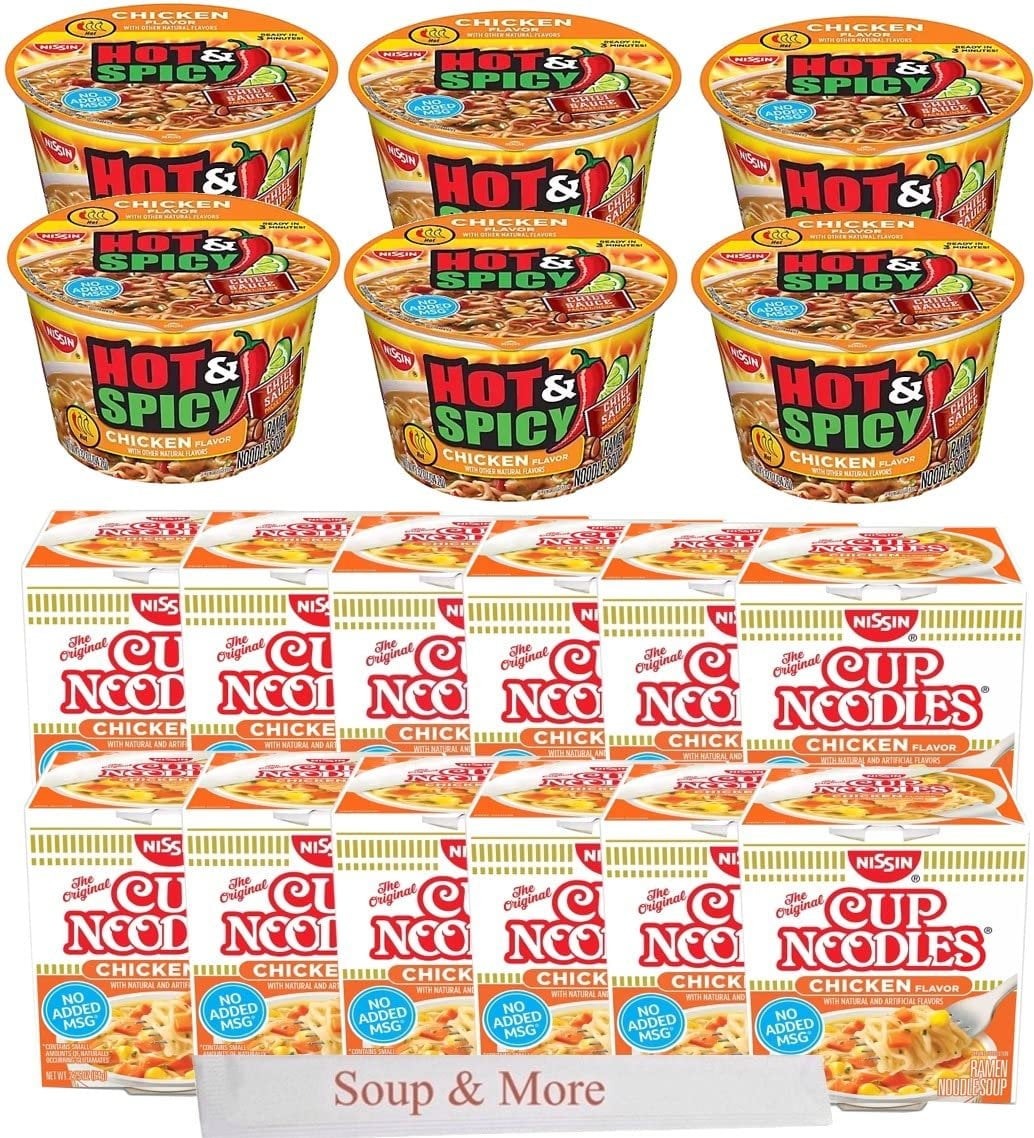 Nissin Cup Noodles Soup Instant Cup 18 Count, 6 Hot & Spicy Chicken Bowl, 12 Chicken Cup Lunch / Dinner Variety, 2 Flavors