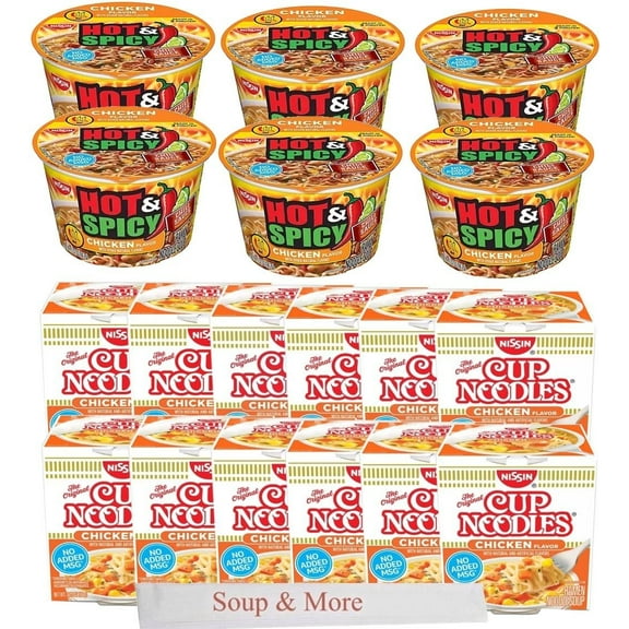 Nissin Cup Noodles Soup Instant Cup 18 Count, 6 Hot & Spicy Chicken Bowl, 12 Chicken Cup Lunch / Dinner Variety, 2 Flavors