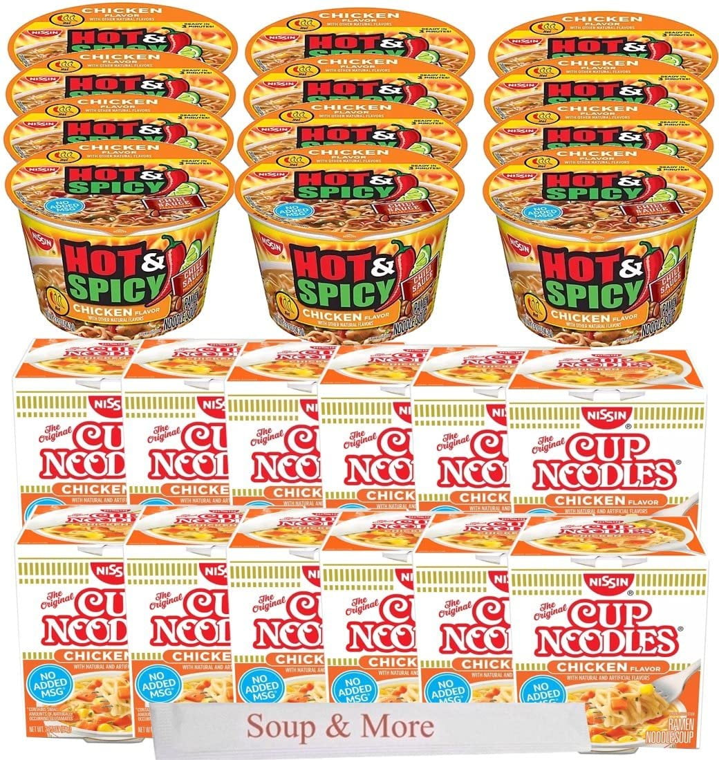 Nissin Cup Noodles Soup Instant Cup 24 Count, 12 Hot & Spicy Chicken Bowl, 12 Chicken Cup Lunch / Dinner Variety, 2 Flavors