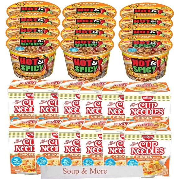 Nissin Cup Noodles Soup Instant Cup 24 Count, 12 Hot & Spicy Chicken Bowl, 12 Chicken Cup Lunch / Dinner Variety, 2 Flavors