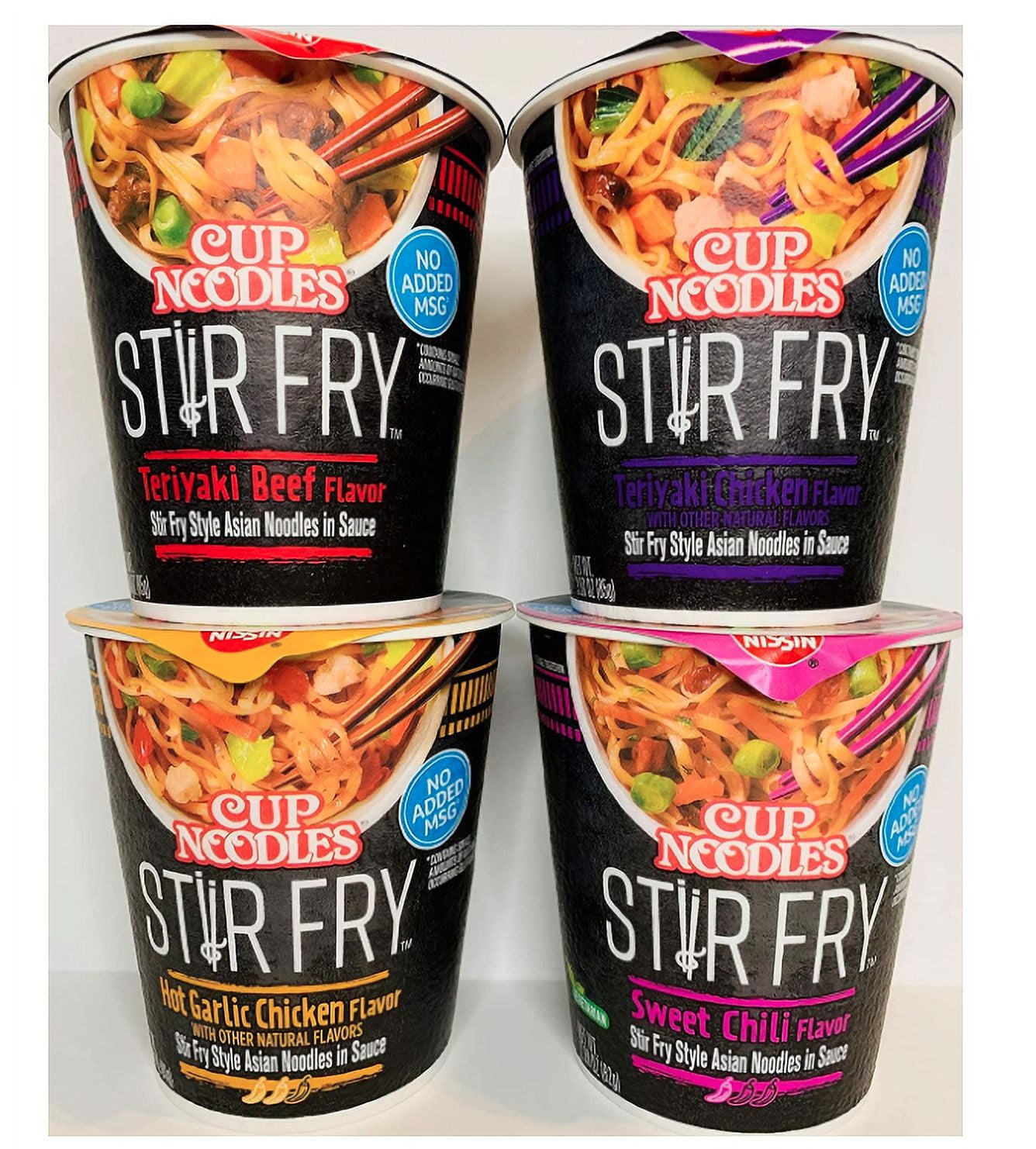 Nissin Cup Noodles Stir Fry 4 Pack: Teriyaki Beef, Chicken, Hot