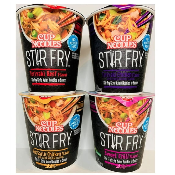 Nissin Cup Noodles Stir Fry Variety 4 Pack: Teriyaki Beef, Teriyaki Chicken, Hot Garlic Chicken, Sweet Chili - SET OF 4