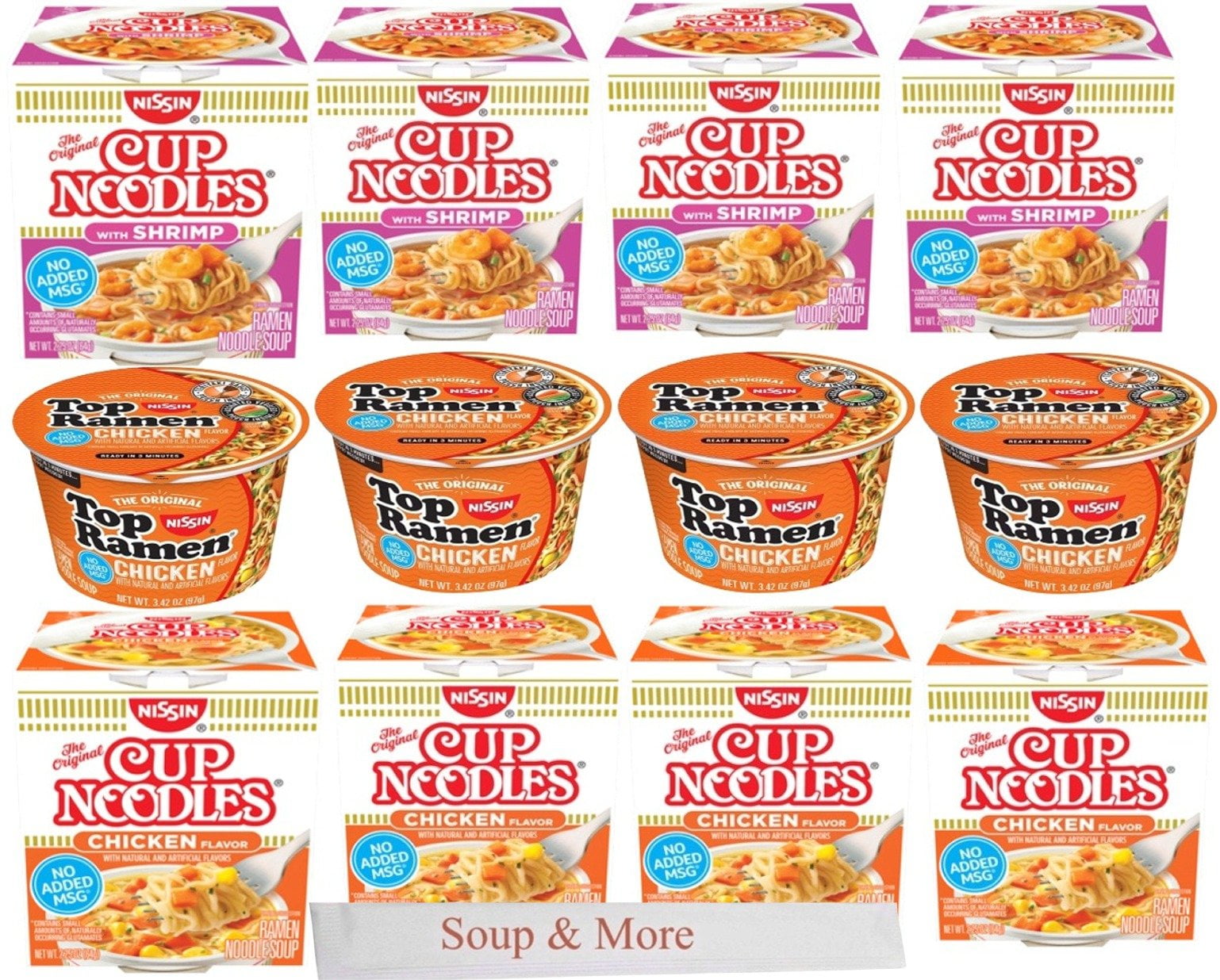 Nissin Cup O Noodles Instant Cup 12 Count, 4 Shrimp, 4 Chicken & 4 Chicken Top Ramen Bowl Lunch / Dinner Variety, 3 Flavors