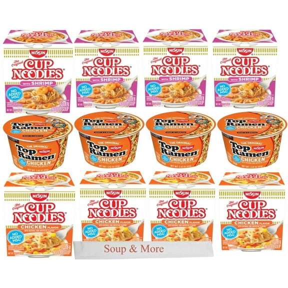 Nissin Cup O Noodles Instant Cup 12 Count, 4 Shrimp, 4 Chicken & 4 Chicken Top Ramen Bowl Lunch / Dinner Variety, 3 Flavors