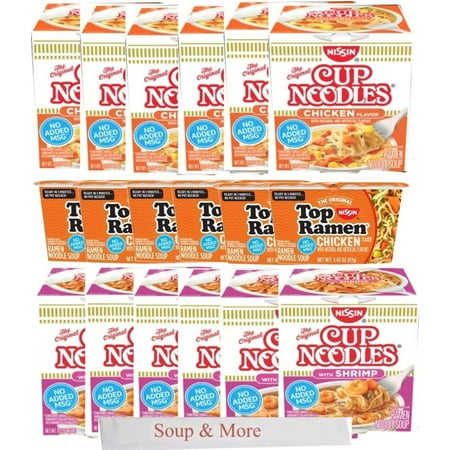 Nissin Cup O Noodles Soup Instant Cup 18 Count, 6 Shrimp, 6 Chicken & 6 Chicken Top Ramen Bowl Lunch / Dinner Variety, 3 Flavors
