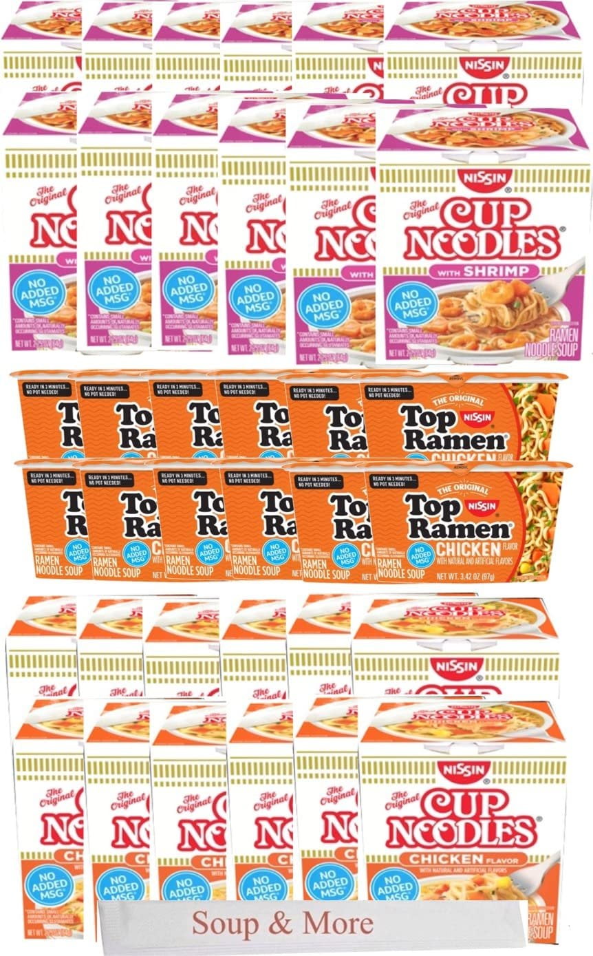 Nissin Cup O Noodles Soup Instant Cup 36 Count, 12 Shrimp, 12 Chicken & 12 Chicken Top Ramen Bowl Lunch / Dinner Variety, 3 Flavors