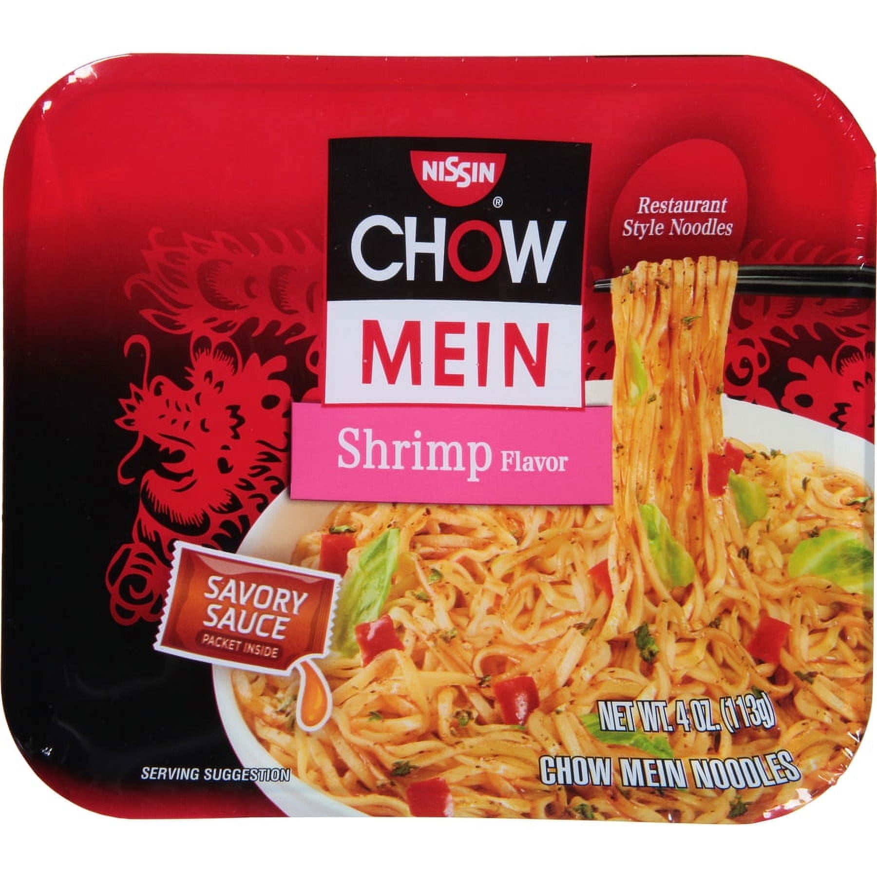 Nissin Foods Chow Mein Instant Noodles, Shrimp Flavor, 4.0 oz Tray, Shelf-Stable