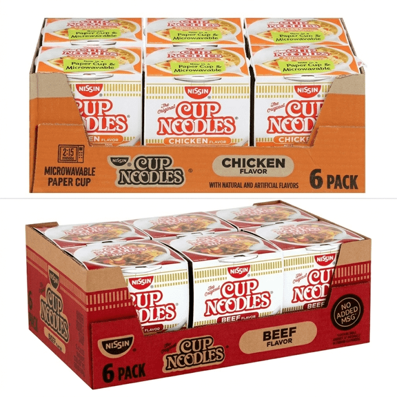 Nissin Foods Cup Noodles Ramen Noodle Soup, Chicken &Beef Flavor Noodles, 2.25 Oz 12 count