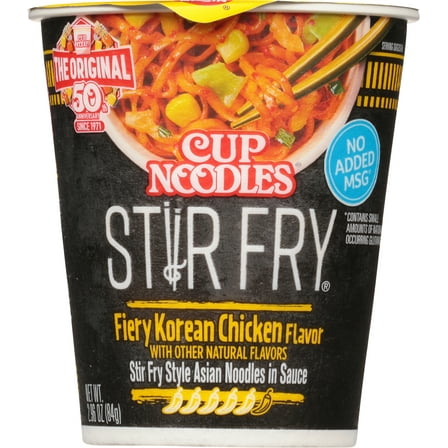 Nissin Foods Cup Noodles Stir Fry Ramen Noodles, Fiery Korean Chicken Flavor, 2.36 oz Cup, Shelf-Stable