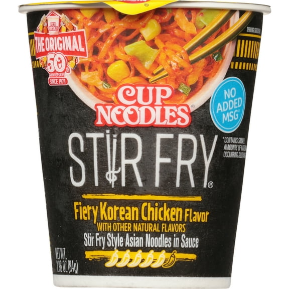 Nissin Foods Cup Noodles Stir Fry Ramen Noodles, Fiery Korean Chicken Flavor, 2.36 oz Cup, Shelf-Stable
