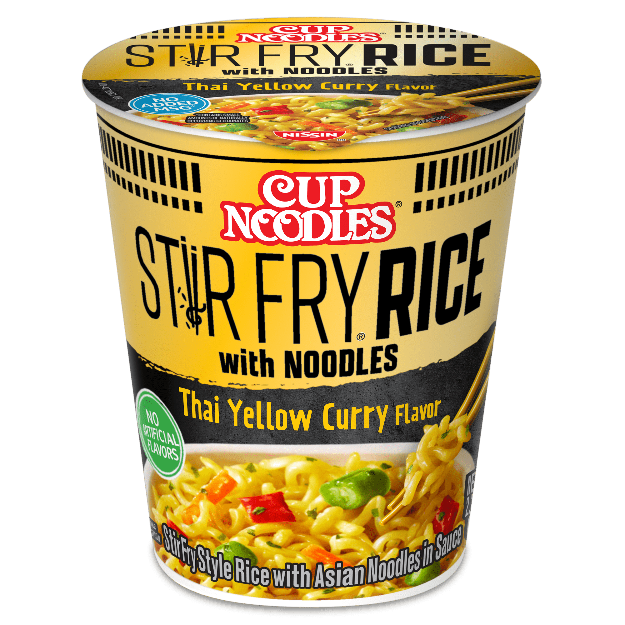 Nissin Foods Cup Noodles Stir Fry Rice with Noodles, Thai Yellow Curry Flavor, 2 oz Cup, Shelf-Stable