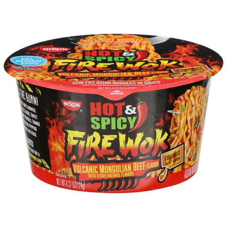 Nissin Foods Hot & Spicy Fire Wok Asian Noodles Soup, Volcanic Mongolian Beef Flavor, 4.37 oz Bowl, Shelf-Stable