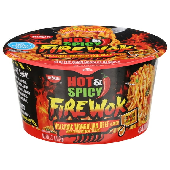 Nissin Foods Hot & Spicy Fire Wok Asian Noodles Soup, Volcanic Mongolian Beef Flavor, 4.37 oz Bowl, Shelf-Stable