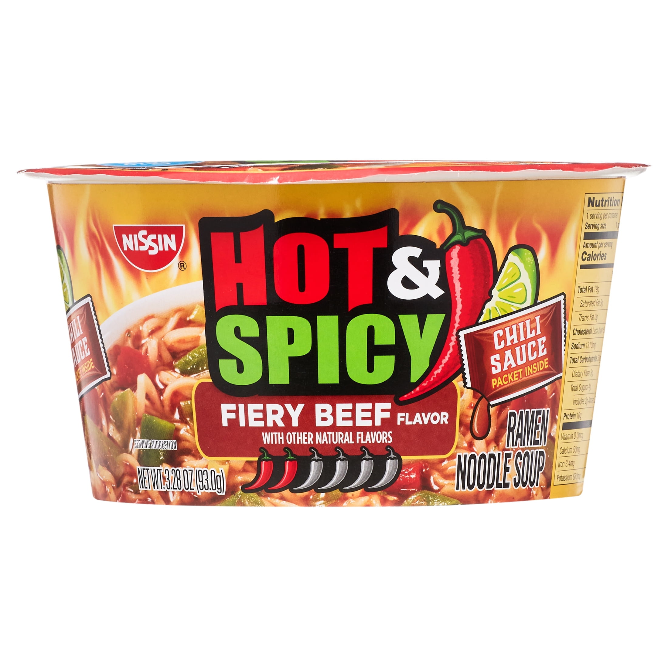 Nissin Foods Hot & Spicy Ramen Noodle Soup, Fiery Beef Flavor, ( 3.28 oz, PACK OF 1 )