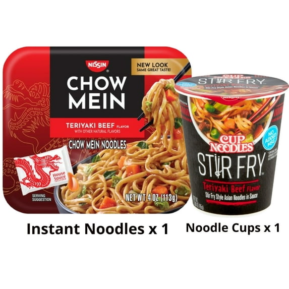 Nissin Foods Teriyaki Beef Instant Noodles Chow Mein (4.0 oz Tray) & Cup Noodles Stir Fry (3.0 oz Cup)