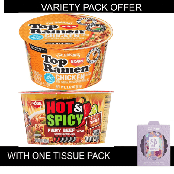 Nissin Foods Top Ramen The Original Ramen Noodle Soup, Chicken Flavor, 3.42 oz Bowl, Shelf-Stable | Nissin Foods Hot & Spicy Ramen Noodle Soup, Fiery Beef Flavor, 3.28 oz Bowl, Shelf-Stable