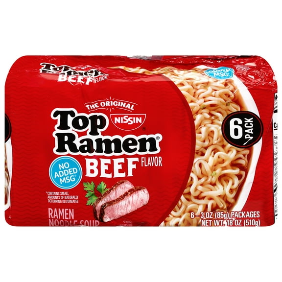 Nissin Foods Top Ramen The Original Ramen Noodle Soup, Beef Flavor, 3 oz Bag, Shelf-Stable, 6 Count