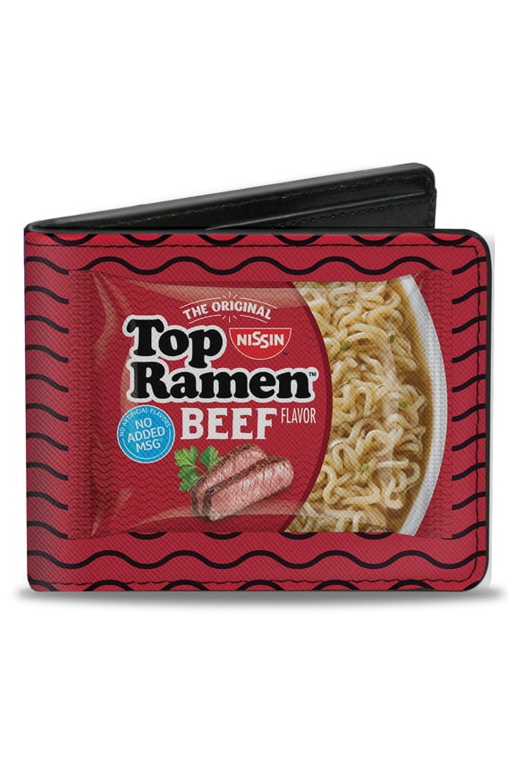 Nissin Foods Wallet, Bifold, Top Ramen Vivid Beef and Hot Spicy Beef Packages Noodle Wave, Vegan Leather