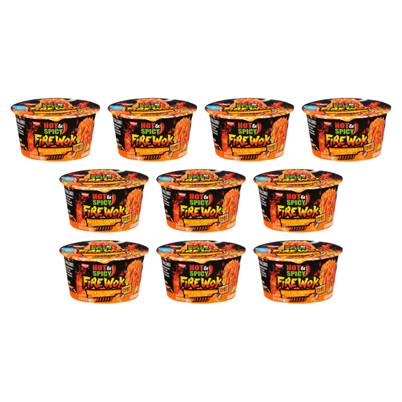 Nissin Hot & Spicy Fire Wok Sizzlin' Rich Pork Flavor Asian Noodles in Sauce, 4.37 oz (Pack of 10)