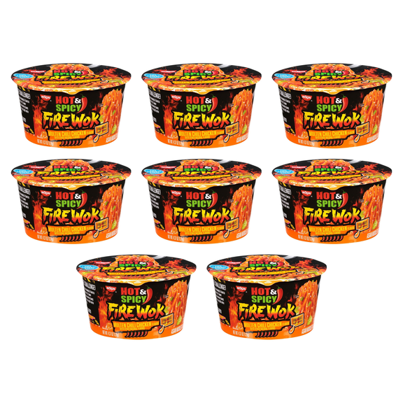 Nissin Hot & Spicy Fire Wok Sizzlin' Rich Pork Flavor Asian Noodles in Sauce, 4.37 oz (Pack of 8)