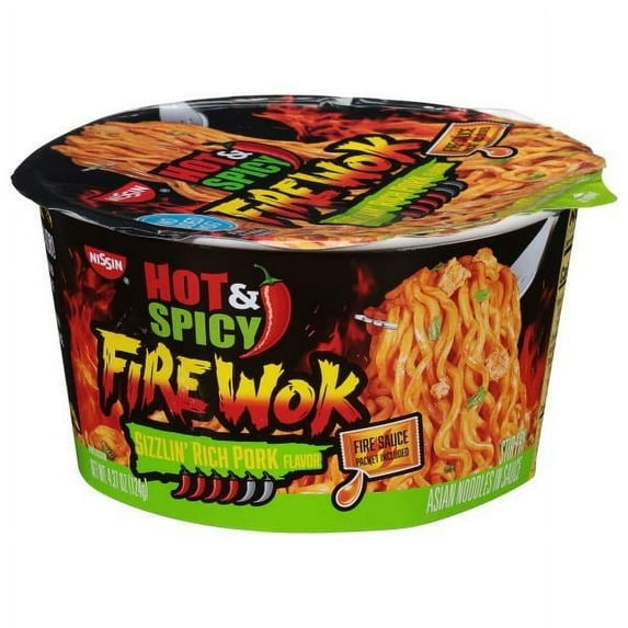 Nissin Hot & Spicy Fire Wok Sizzlin' Rich Pork Flavor Stir Fry Asian Noodles in Sauce (Pack of 8)