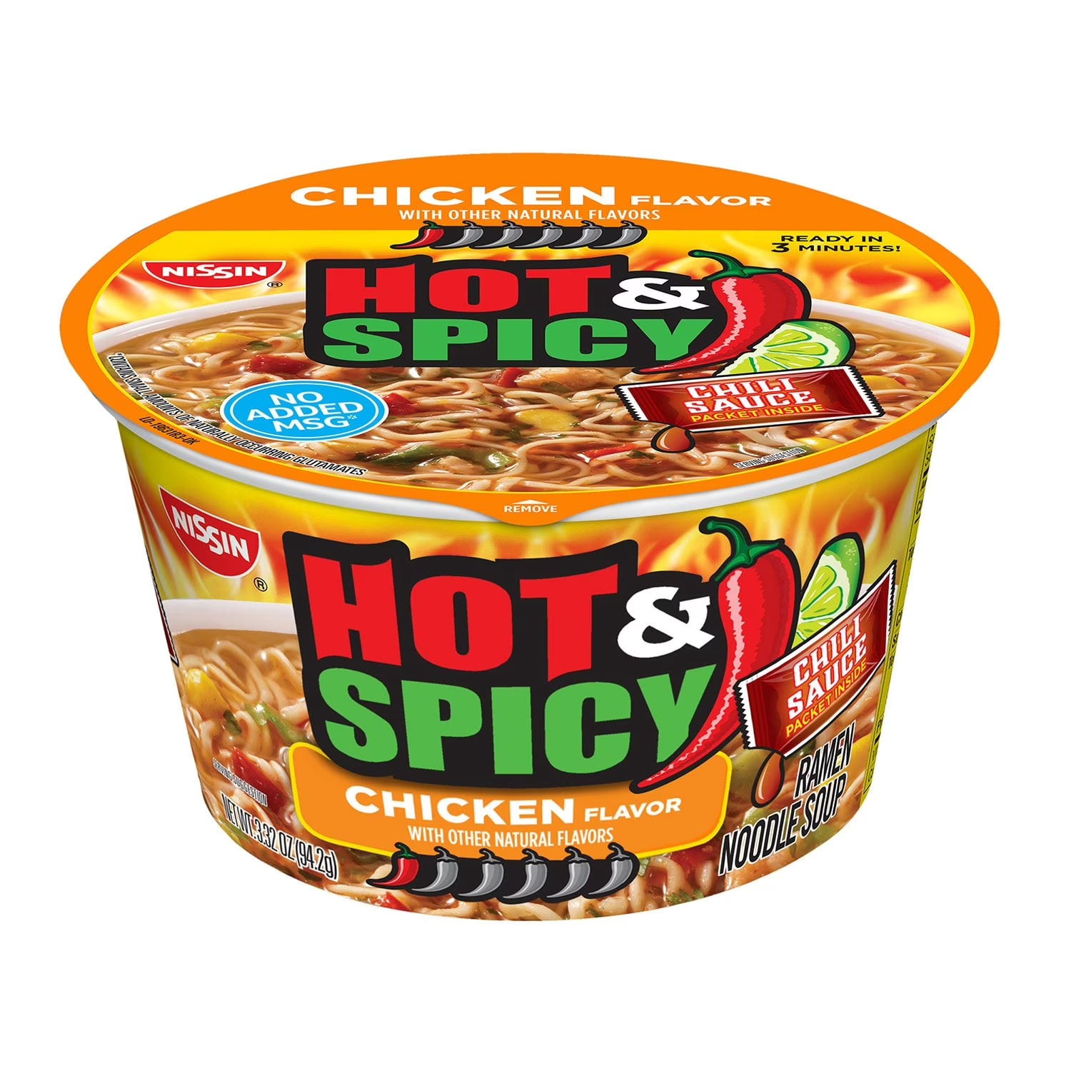 Nissin Hot and Spicy Ramen Noodle Soup Bowl, Chicken Flavor, 3.32 oz., 12 pk.