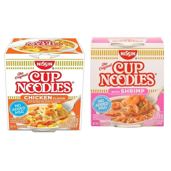 Nissin Instant Cup Noodles 24 Count 2 Flavors 12ct. Chicken Flavor & 12ct. Shrimp Flavor No MSG Added