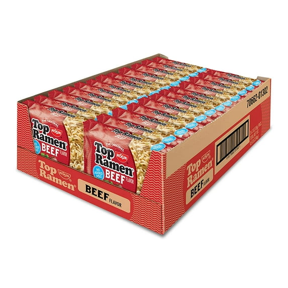Nissin Top Ramen Beef Flavor, Ramen Noodle Soup, 3 oz. Bags (Pack of 24)