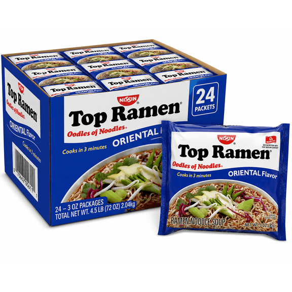 Nissin Top Ramen Oriental Flavor Instant Ramen Noodle Soup, 3 oz Packs, 24 Count