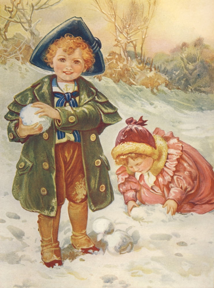 Nisters Holiday Annual 1897 Boy with snowballs Canvas Art - Unknown (24 x 36)