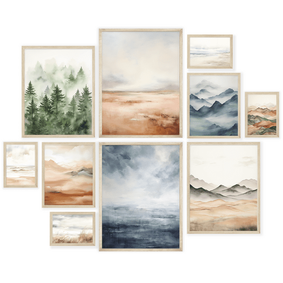 Nistio Nature Prints Mountain and Forest Wall Art, Landscape Watercolor Prints, Abstract Nature Wilderness Posters for Living Room, Set of 10 (Unframed)