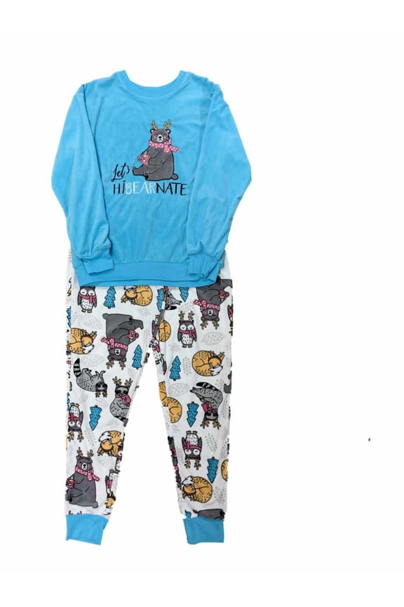 Womens Blue Fleece Let's Hibearnate Bear Owl Fox Pajamas Sleep Set S