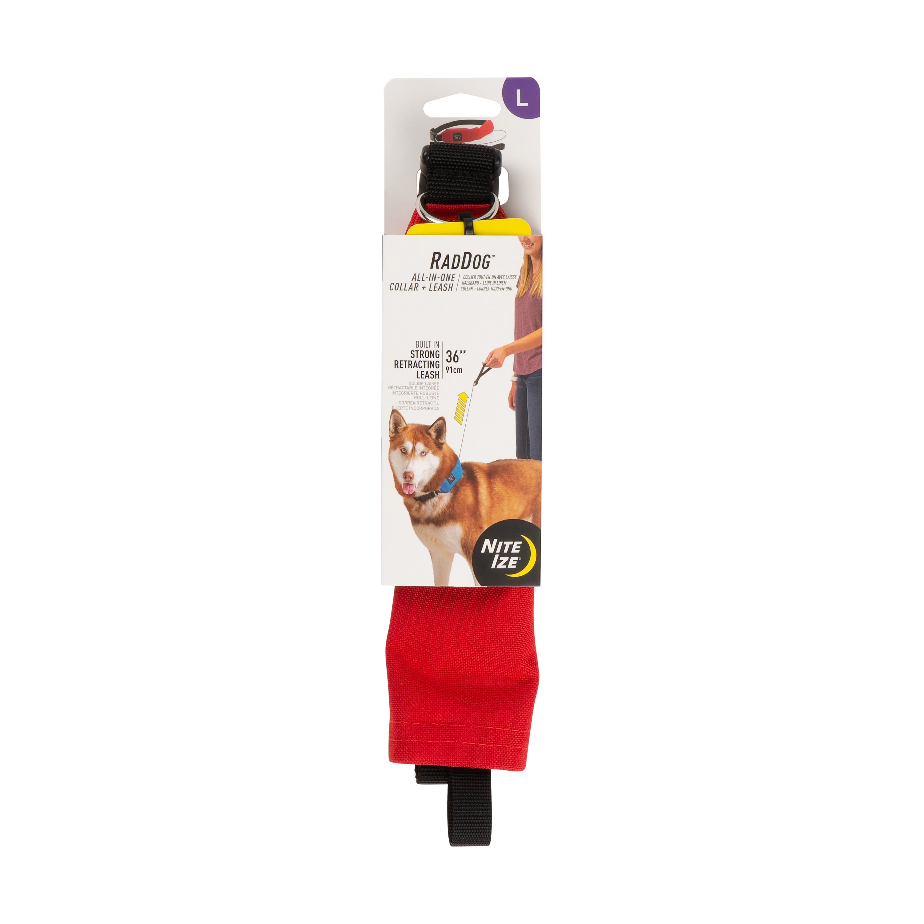 Nite Ize Raddog All-in-One Collar and Leash Combo, Heavy-Duty Dog Collar with Built-in Retractable Leash, 16" to 20" Collar, Red, Large